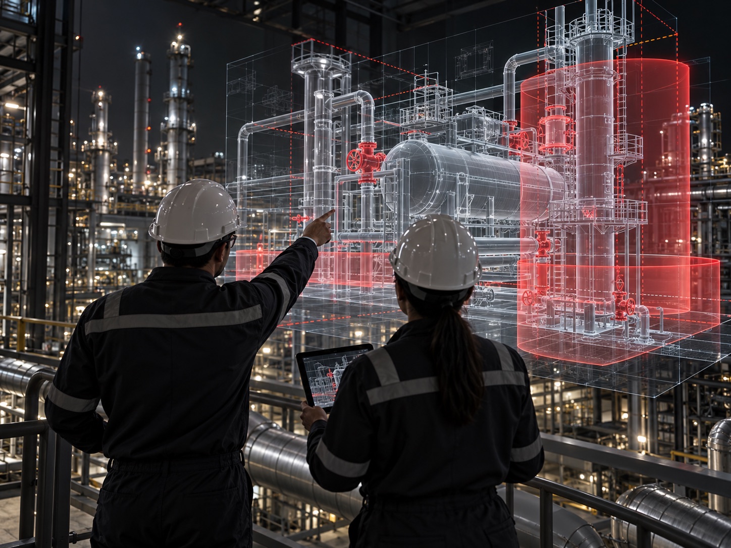 Concept visual of engineers reviewing a refinery safety model
