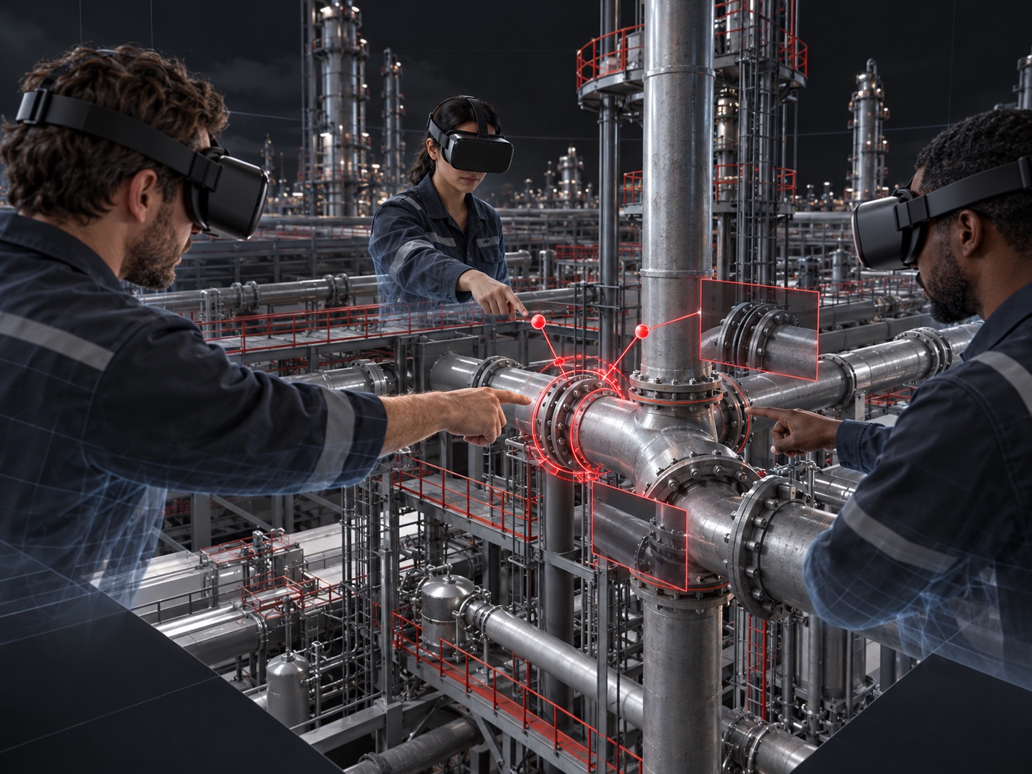 Concept visual of engineers collaborating around a virtual process plant